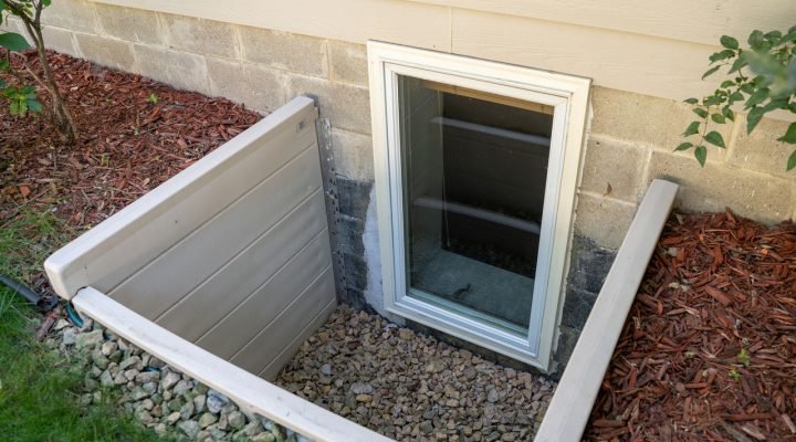 Exterior view of a newly installed white-framed basement egress window with a hinged, insulated well cover, set into a concrete foundation surrounded by mulch and gravel—enhancing safety and natural light for finished basements.